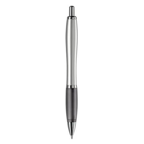 Silver ball pen with metal clip and a coloured grip. The pen comes with a Jumbo refill with blue writing ink.