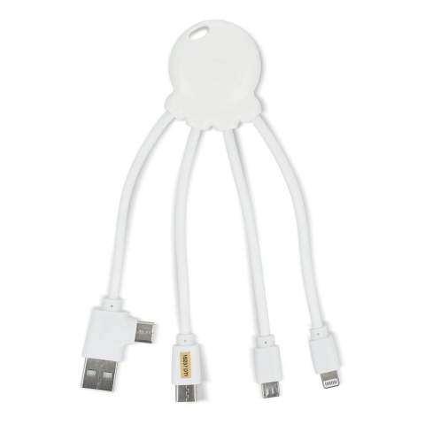 Das Eco Octopus Ladekabel ist aus ozeangebundenem Kunststoff hergestellt. Mit zwei (USB-A &amp; USB-C) Eingängen und drei verschiedenen Anschlüssen können Sie Ihre Geräte umweltfreundlich aufladen. Am Schreibtisch, im Auto, in der Tasche oder im Urlaub; dieses Multiladekabel ist immer praktisch! 
