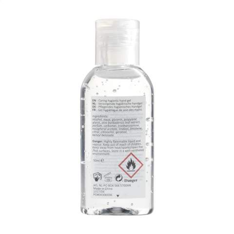 This hygienic hand gel helps to clean and care for the hands without water and soap. The gel has a pleasant fragrance and keeps the hands moisturised with ingredients such as Aloe Vera. In a handy transparent plastic (PET) jar with flip-cap. Content 50 ml.