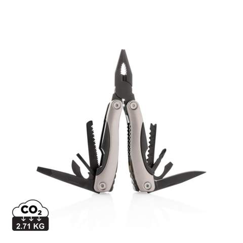 Outil multifonctions 14 fonctions en acier inoxydable noir, manche en aluminium anodisé. Les outils en acier inoxydable sont: pince à bec, pince, pince coupante, couteau, tournevis cruciforme, décapsuleur, écailleur à poisson, ouvre-boîte, petit tournevis plat, moyen tournevis plat, grand tournevis plat, lime, scie, arrache-clous. Livré avec étui noir.