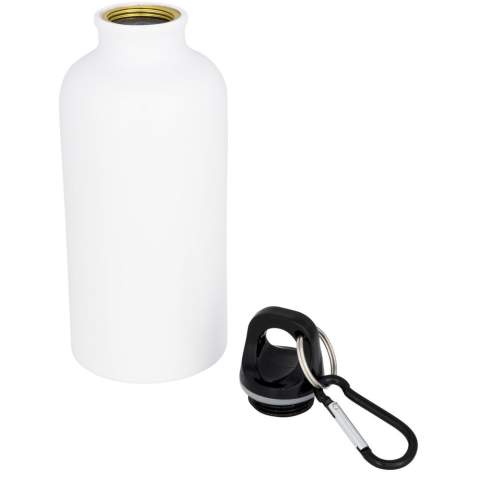 Une bouteille renforcée avec couvercle vissable. La bouteille a un revêtement spécial pour la sublimation. Le mousqueton ne convient pas pour l’escalade. Capacité de 400 ml.