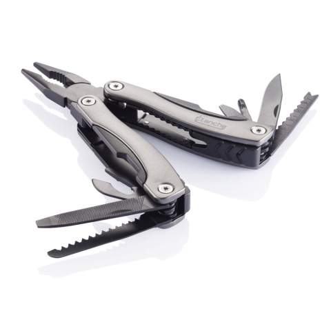 Outil multifonctions 14 fonctions en acier inoxydable noir, manche en aluminium anodisé. Les outils en acier inoxydable sont: pince à bec, pince, pince coupante, couteau, tournevis cruciforme, décapsuleur, écailleur à poisson, ouvre-boîte, petit tournevis plat, moyen tournevis plat, grand tournevis plat, lime, scie, arrache-clous. Livré avec étui noir.