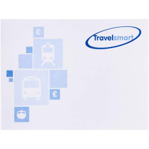 Sticky-Mate® sticky notes. Standaard model bestaat uit 50 vellen zelfklevend 80 g/m2 papier in een keuze van kleuren. Full colour print beschikbaar op elk vel. Beschikbaar in 3 formaten (25/50/100 vellen).