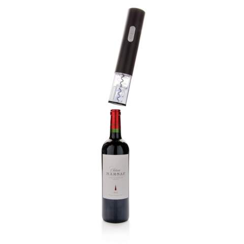 This battery operated electric corkscrew uncorks a bottle of wine with the push of a button. Including 4 AA batteries. Packed in a giftbox.