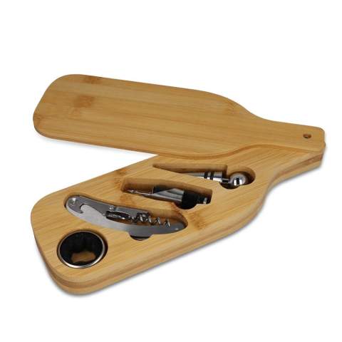 Impressionnez vos invités avec notre ensemble de vin, élégamment présenté dans une boîte en bambou en forme de bouteille de vin. Parfait pour les amateurs de vin, il comprend tous les essentiels pour une parfaite dégustation.