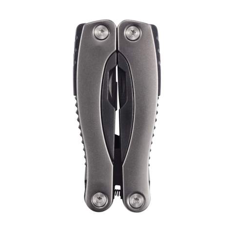 Outil multifonctions 14 fonctions en acier inoxydable noir, manche en aluminium anodisé. Les outils en acier inoxydable sont: pince à bec, pince, pince coupante, couteau, tournevis cruciforme, décapsuleur, écailleur à poisson, ouvre-boîte, petit tournevis plat, moyen tournevis plat, grand tournevis plat, lime, scie, arrache-clous. Livré avec étui noir.