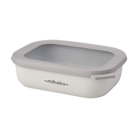 Durable, plastic storing box or lunch box with lid, from the Mepal brand. Generously sized. Suitable for storing, heating and serving meals. High quality and virtually unbreakable. This makes this product extremely useful as a lunch box. Ideal for on the road or for lunch at school or at your workplace: from sandwiches to a meal that you heat up in the microwave. The Cirqula is airtight meaning that the contents remain fresher for a longer. This multifunctional box can be used in the refrigerator, freezer and even in a microwave (with the exception of the lid). Easy to store due to compact rectangular shape. BPA Free, Food Approved and Leak-proof, odour and taste neutral. Supplied with a 2-year Mepal factory warranty. Capacity 1,000 ml. Made in Holland.  STOCK AVAILABILITY: Up to 1000 pcs accessible within 10 working days plus standard lead-time. Subject to availability.