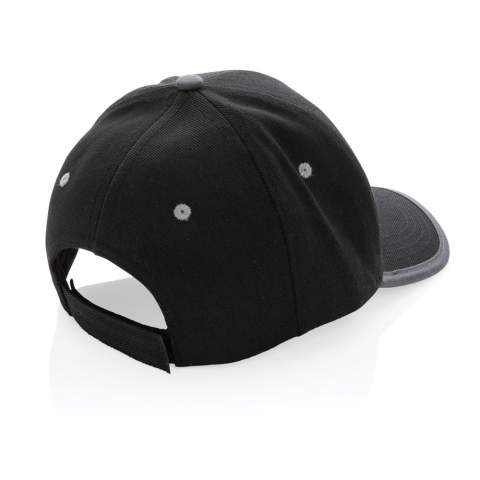 Tell a true story about sustainability and wear it with pride! This 6 panel contrast cap with curved visor is made with brushed recycled 280gr cotton that is embedded with AWARE™ tracer technology. With AWARE™, the use of genuine recycled fabric materials and water reduction impact claims are guaranteed. Save water and use genuine recycled fabrics. If you choose this item you save 250 litres of water. With the focus on water, 2% of proceeds of each Impact product sold will be donated to Water.org. The contrast cap has a dark grey binding and velcro closure. Water savings are based on figures when compared to conventional fibre. This calculated indication is based on reliable LCA data as published by Textile Exchange in their Material Snapshots 2016.