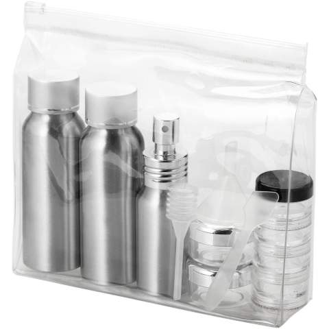 Cette trousse de toilette contient 2 bouteilles en aluminium 80ml, un vaporisateur 30 ml, deux petits pots, un pot avec 4 logements, une spatule, un entonnoir et une poire. Les bouteilles et l'entonnoir, etc. sont emballés dans une pochette plastique, séparés de la pochette. Marquage indisponible sur les composants.