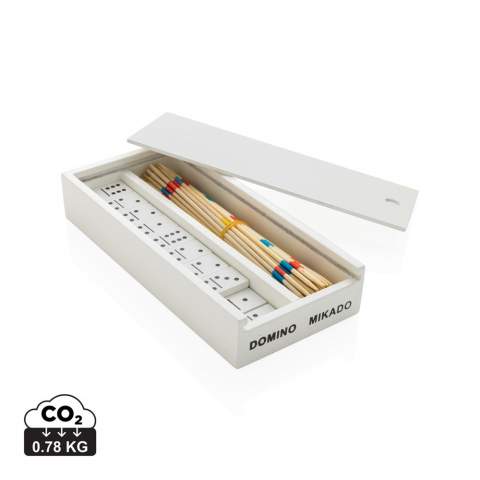 Create fun moments with these classic games! The box contains Mikado and Domino. The Mikado game contains 41 sticks and the Domino game 28 blocks in a white wooden box. Made with FSC®certified wood. Comes in FSC®certified kraft gift packaging.