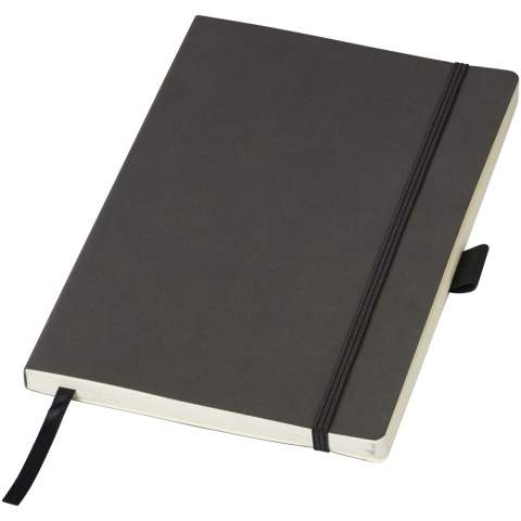 Flexible soft touch cover notebook (A5 size reference) with built-in elastic closure, ribbon page marker, pen loop, document pocket on interior back cover and 80 sheets (80gsm) of cream lined paper. Packed in a black sleeve.