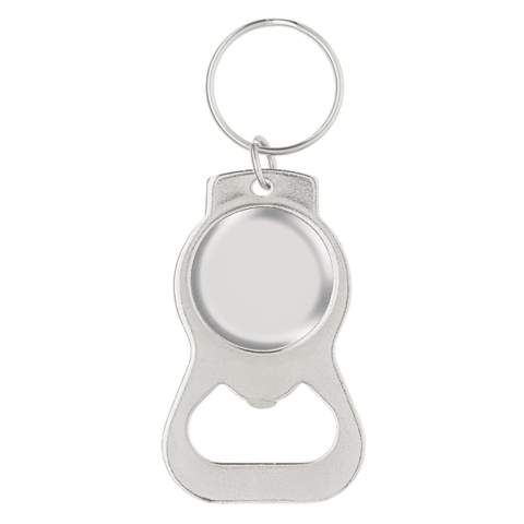Porte-clés métallique avec doming rond et décapsuleur.