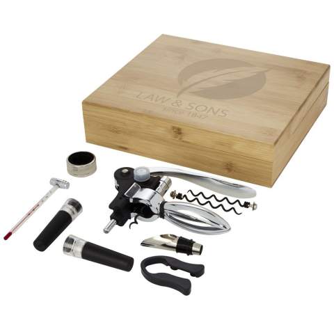 9-piece wine set including 1 corkscrew, 2 stoppers, 1 pourer, 1 ring, 1 foil cutter, 1 thermometer, and 2 spare corkscrews. Delivered in a bamboo gift box sourced and produced following sustainable standards.