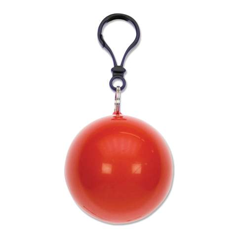 Rain poncho packed in a ball. Highly convenient when you are on the move and encounter a sudden downpour. It comes with a keychain to attach it to a bike or bag.