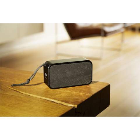 Wireless Bluetooth speaker with a casing made from recycled aluminium and RPET plastic. A classic model with rounded corners. Bluetooth version 5.3. Once charged, the built-in 1200mAh lithium battery guarantees a playing time of up to 3.5 hours (at maximum volume). Wireless range up to 10 meters. Easy to operate and compatible with the most common smartphones and tablets. Output: 2.5W. This speaker produces optimal sound. Includes charging cable made from recycled TPE and user manual. RCS-certified. Total recycled material: 25%. Each item is individually boxed.