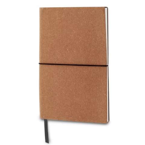 Fancy notebook with a natural look. The cover is made of recycled leather and is durable against wear and tear. The notebook contains 160 cream coloured pages and a ribbon. It can be closed by an elastic strap.