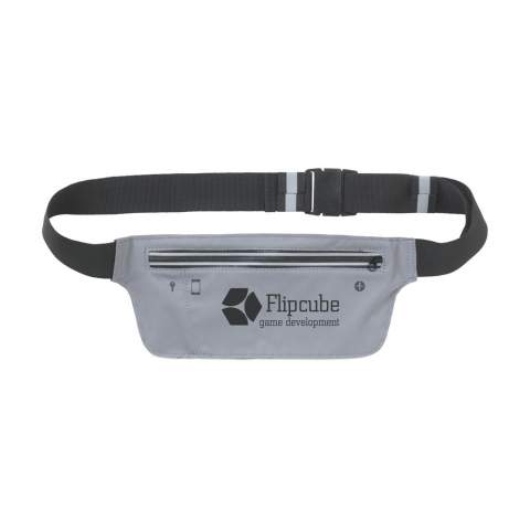 Waterproof waist bag made of comfortable elastic material. With a watertight zip, pocket for mobile phone, with opening for earphones. Separate compartment for keys. Adjustable, tightly woven belt with a plastic snap closure and reflective belt loops. Girth up to 104 cm.