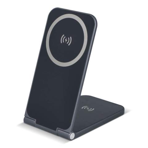 The Xoopar Zero is a super-slim 2-in-1 charger for your iPhone (15W) and AirPods (5W). Compatible with MagSafe and features an adjustable viewing angle, ideal for video calling. Made of recycled aluminum: stylish, functional and durable all in one.