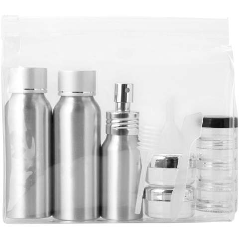 Cette trousse de toilette contient 2 bouteilles en aluminium 80ml, un vaporisateur 30 ml, deux petits pots, un pot avec 4 logements, une spatule, un entonnoir et une poire. Les bouteilles et l'entonnoir, etc. sont emballés dans une pochette plastique, séparés de la pochette. Marquage indisponible sur les composants.