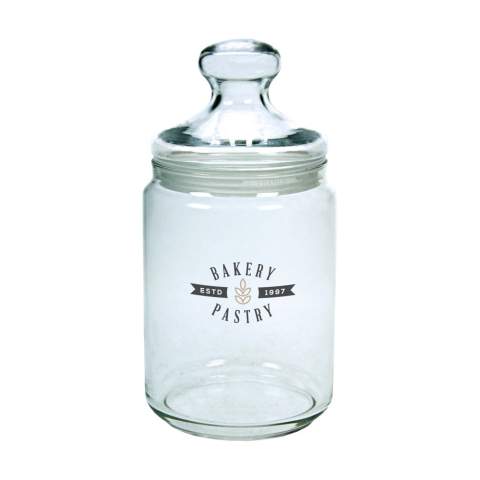 Bonbonnière en verre. Se ferme a l’aide d’un couvercle en verre avec un bord hermétique en caoutchouc.  Capacité 1.000 ml.