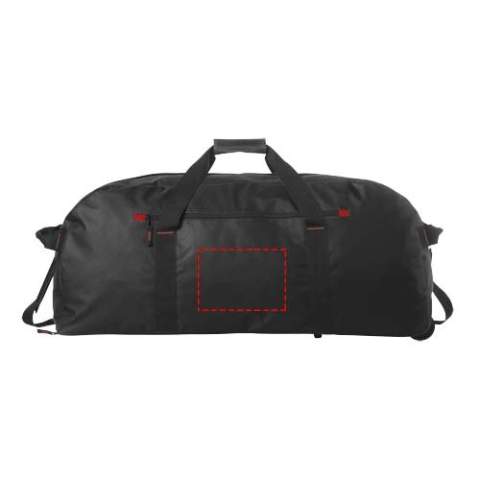 Grand sac de voyage avec compartiment principal zippé, poche avant zippée et roulettes.