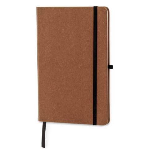 Stylish hardcover notebook with a natural look. The cover is made of recycled leather and is durable against wear and tear. The notebook contains 160 cream coloured pages and a ribbon. It can be closed by a elastic strap and has a loop for a pen.