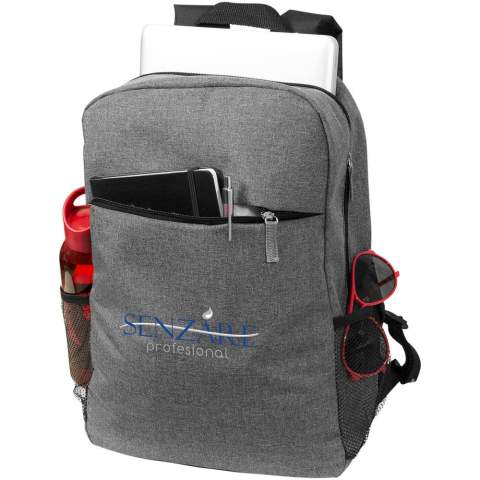 Features a large zippered main compartment with a 15" laptop sleeve and a front zippered compartment for quick access to mobile devices. Comes with convenient padded shoulder straps, grab handle and mesh water bottle pockets. There may be minor variations in the colour of the actual product due to the nature of the fabric dyes, weaves, and printing. Capacity: 18 L.