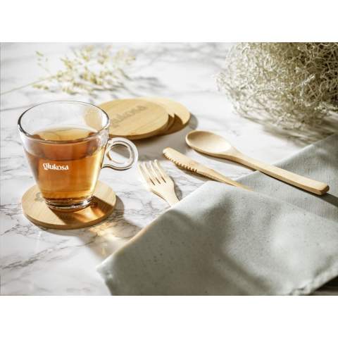 WoW! Set of 4 bamboo coasters supplied in a handy cotton pouch. Each coaster has a diameter of 10cm. This set is packaged in a recyclable kraft paper wrapper.