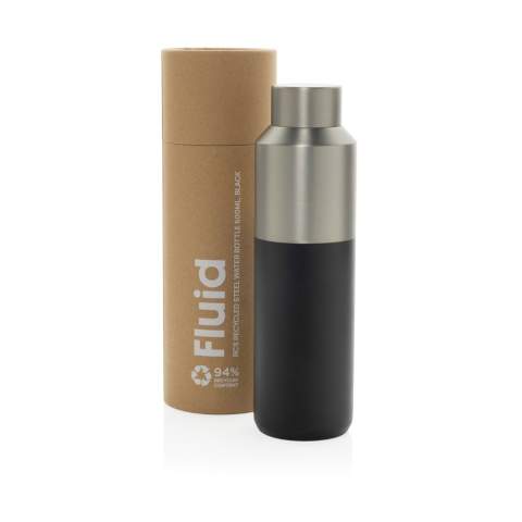 This 600ml water bottle features a distinctive double-coloured exterior with a stylish half-and-half design. The double-wall recycled stainless steel vacuum construction keeps beverages chilled for up to 15 hours or warm for up to 5 hours. The water bottle fits most standard car cup holders, making it perfect for on-the-go use. Made with RCS (Recycled Claim Standard) certified recycled materials, ensuring a completely certified supply chain of the recycled materials. BPA free. Includes FSC®-certified kraft tube gift packaging.<br /><br />HoursHot: 5<br />HoursCold: 15