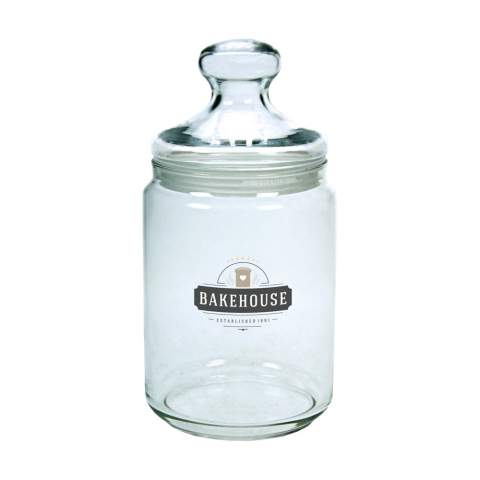 Bonbonnière en verre. Se ferme a l’aide d’un couvercle en verre avec un bord hermétique en caoutchouc.  Capacité 1.000 ml.