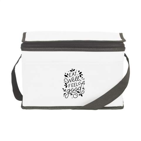 Cooler bag made of non-woven fabric (80 g/m²) suitable for 6 cans of drinks or food. With strap.