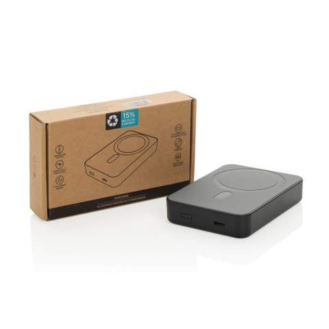 10.000 mAh pocket-size powerbank with 5W magnetic wireless charger with a case made out of RCS certified recycled ABS plastic. RCS (Recycled Claim Standard) is a standard to verify the recycled content of a product throughout the whole supply chain. Total recycled content: 15% based on total item weight. The powerbank, Amporia, contains a long-lasting grade A 10.000 mAh lithium polymer battery and extra strong magnets. The power indicators will indicate the remaining energy level, so you always know when to re-charge. USB-C Input: 5V/2.4A; USB-C Output: 5V/2.4A. Item and accessories are PVC-free. Including RCS certified recycled TPE charging cable. Packed in FSC® mix packaging.<br /><br />WirelessCharging: true<br />PowerbankCapacity: 10000<br />PVC free: true