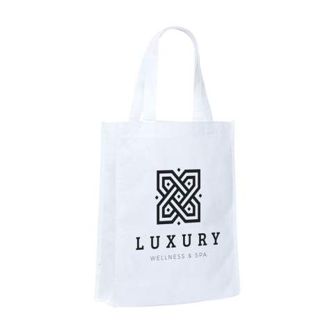 WoW! A shopping bag that dissolves in water. The bag is made from Polyvinyl, also called PVA. PVA can dissolve easily in water and is biodegradable. In hot water even within a few seconds. The bag disappears within 6 months if for example ended up in the ocean (depending on water temperature, turbulence, salinity etc.) You can just walk with the bag in the rain because it only dissolves if it is permanently in the water or submerged. Capacity approx. 8 litres.  The composition of polyvinyl alcohol is CH2-CH-OH and it splits when dissolved in water (H2O) and carbon (C). Carbon is not a gas and therefore will not enter the air as a greenhouse gas.