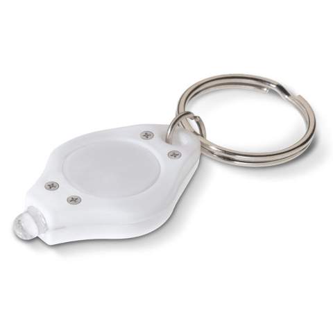 Small, plastic keyring with light.