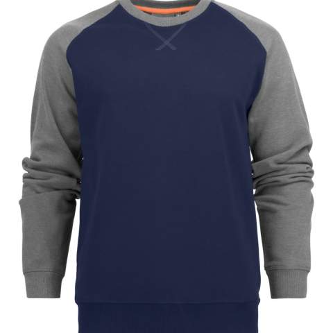 Tweekleurige sweatshirt met raglanmouwen. Binnenzijde is geborsteld. Ribboord aan manchetten en boord onderaan. Wasbaar op 60°.