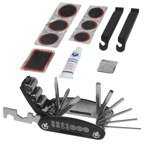 15 outils multi fonctions, 2 démonte pneus, une râpe, colle et rustines, le tout livré dans un étui fluorescent en polyester 600D avec fermeture scratch pour le fixer à votre vélo.