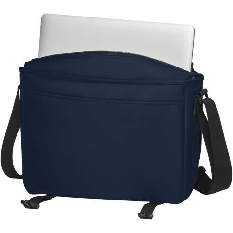 Sustainable GRS certified RPET laptop bag made with 60% recycled materials. Features a large zippered main compartment with a padded 15" laptop sleeve and a front compartment (both with velcro closures). Comes with a cover flap with a zippered pocket and with buckle closure. Features comfortable padded and adjustable shoulder strap and trolley tunnel on the backside.