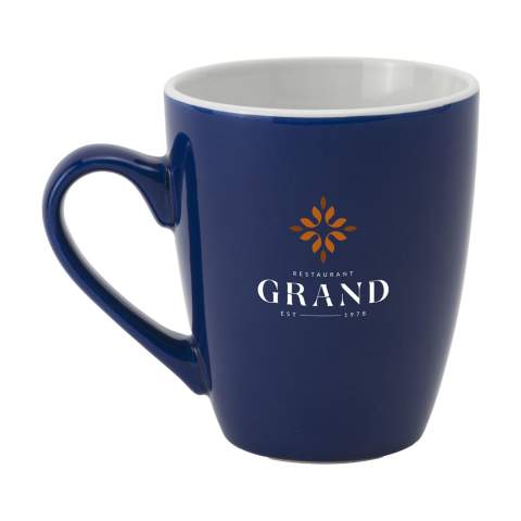 Tall, high quality ceramic mug. Capacity 310 ml. Dishwasher safe. The imprint is dishwasher tested and certified: EN 12875-2.