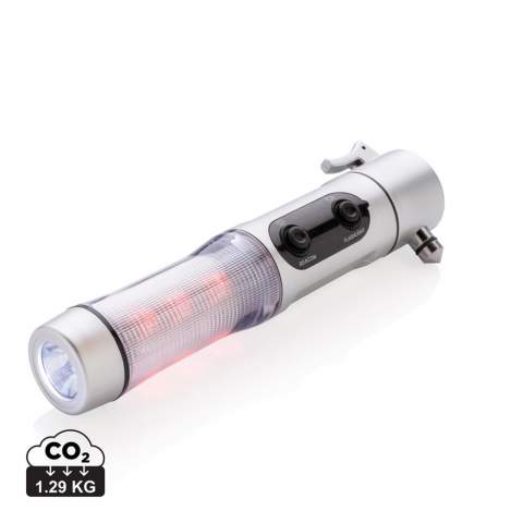 Notfalllampe im silbernen Kunststoffgehäuse, mit 1 weißen LED und 9 roten Alarmlichtern seitlich, Gurtschneider, Fensterhammer und magnetischem Sockel. Inklusive Batterien.