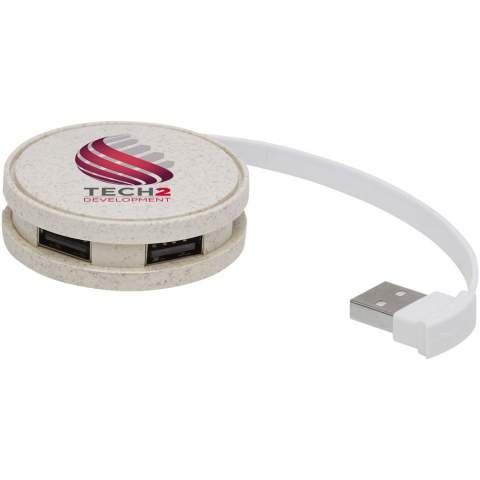 Round USB 2.0 hub made of wheat straw (40% wheat straw, 60% PP plastic) with 4 USB-A ports to connect multiple devices simultaneously. It comes with a 14.5 cm fixed TPE USB cable that can be conveniently stored inside the hub. Transfer speed 160 mb/s. Printing on both sides is possible. Delivered in a gift box with an instruction manual (both made of sustainable material).