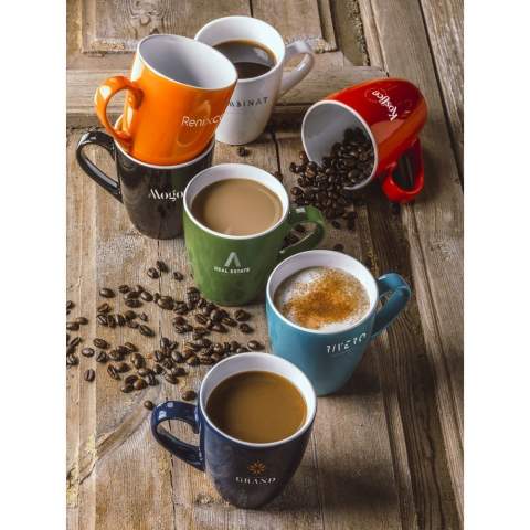 Tall, high quality ceramic mug. Capacity 310 ml. Dishwasher safe. The imprint is dishwasher tested and certified: EN 12875-2.