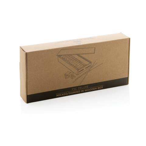 Creëer gezellig momenten met deze klassieke spellen! De doos bevat Mikado en Domino. Het spel Mikado bevat 41 stokjes en het spel Domino 28 blokjes in een witte houten kist. Gemaakt van FSC®-gecertificeerd hout. Wordt geleverd in FSC®-gecertificeerde kraft geschenkverpakking.