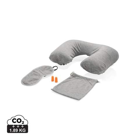 Jersey travel set with pocket for your phone or headphone. Soft travel set contains an inflatable neck pillow, eye mask, soft earplugs and a soft pouch with drawstring closure.