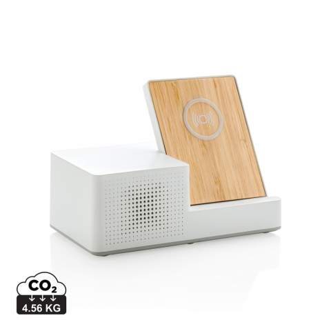 Update your desk with this super convenient wireless charger. Made out of ABS and 100% natural bamboo, this wireless charger has an integrated speaker and integrates perfectly on your desk or your living room. The wireless charger is a 5W charger and comes with a 150 cm micro USB cable to connect it to your USB power source. The 3W wireless speaker allows you to stream music up to 10 metres away using BT 4.1. Wireless charging compatible with all QI enabled devices like Android latest generation, iPhone 8 and up. Including 2x USB ports to charge via USB (5V1A max). Registered design®<br /><br />HasBluetooth: True<br />WirelessCharging: true<br />PowerbankCapacity: 1200<br />NumberOfSpeakers: 1<br />SpeakerOutputW: 3.00