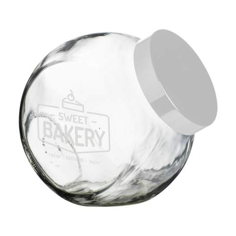 Bonbonnière en verre. Se ferme avec un couvercle en plastique argenté. Capacité 2.000 ml.