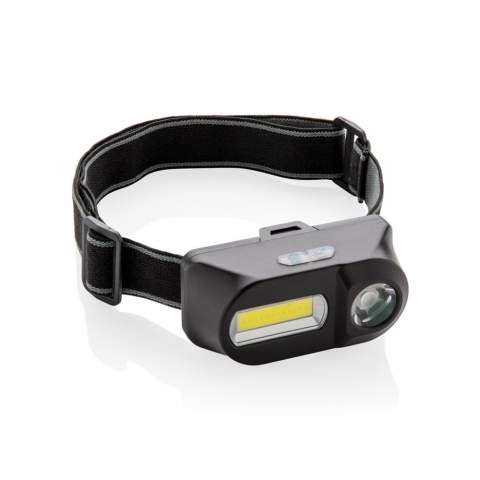 Lampe frontale en ABS à double tête avec une lumière COB de 180 lumens, parfaite pour éclairer une zone proche, et une lumière LED de 90 lumens pour éclairer les zones plus éloignées (jusqu'à 80 mètres). Les deux lampes ont trois modes : brillant, faible et clignotant.  Avec un bandeau élastique réglable de 42 cm pour porter l'article sur la tête ou sur un casque. Piles incluses pour une utilisation directe.<br /><br />Lightsource: COB LED<br />LightsourceQty: 2