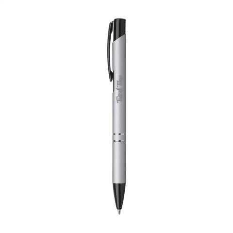 Blue ink ballpoint pen with black painted push button/clip and tip, chrome interlaces. The barrel is finished with a rubberised finish.