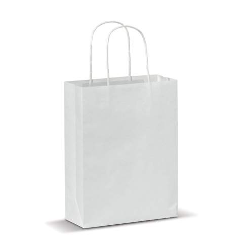 Kleinformatige, matte Papiertragetasche mit Griffen, die aus gedrehtem Papier gefertigt sind. Die Tasche hat einen ökologischen Look. Geeignet als Geschenktasche oder als Tasche für Mitbringsel. FSC-zertifiziert.