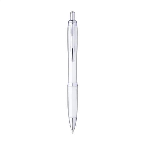 Blue ink ballpoint pen with transparent coloured RPET holder: made of recycled PET bottles. With high gloss accents and metal clip. Durable, eco-friendly and environmentally responsible.