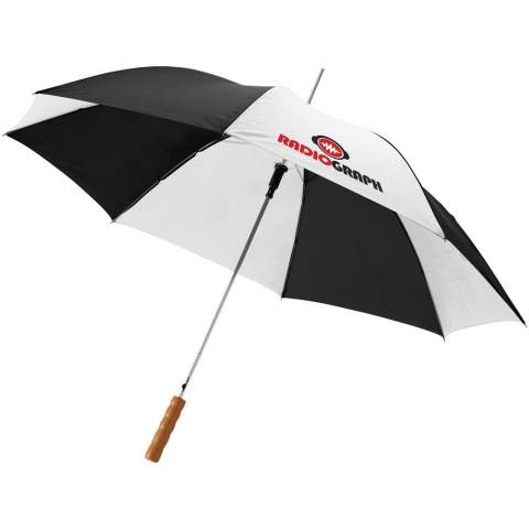 23" umbrella with metal shaft, metal ribs and wooden handle.